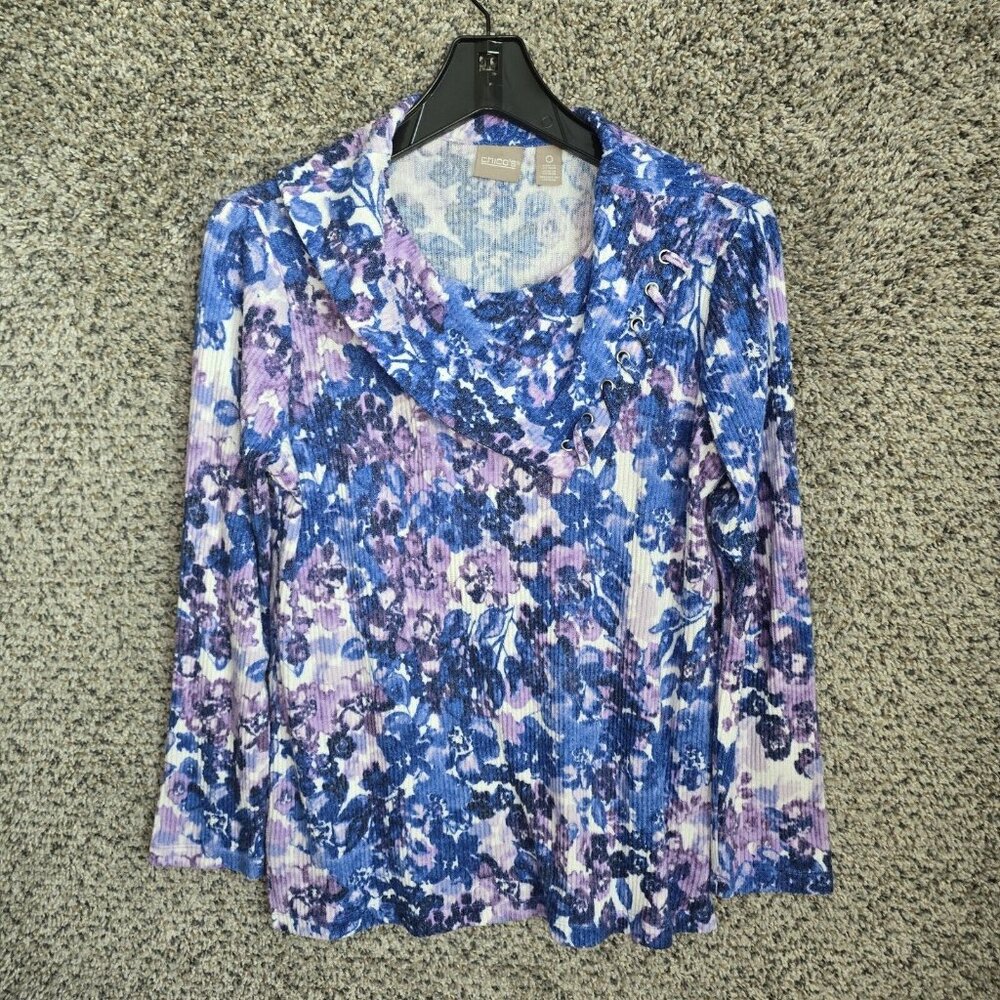 Chicos Top Womens 0 US Small Blue Ribbed Knit Cowl‎ Neck Casual Ladies